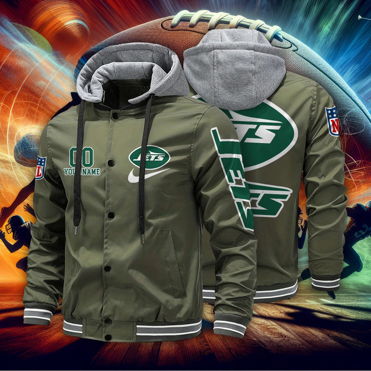 New York Jets Personalized Baseball Jacket With Detachable Hood AZBTHBJK000042