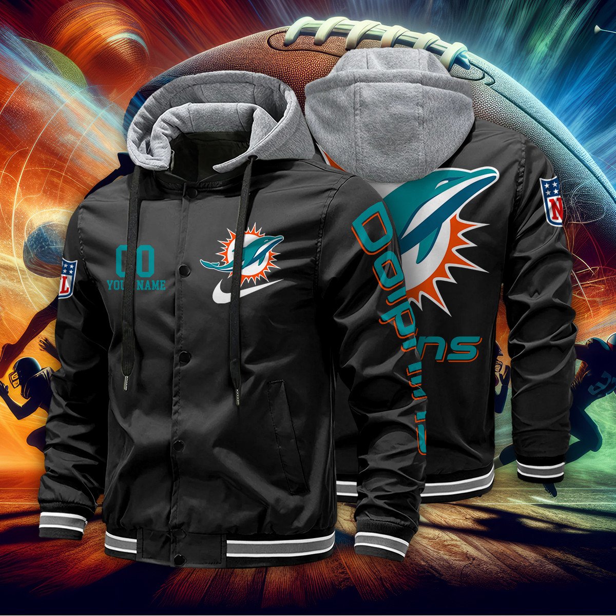 Miami Dolphins Personalized Baseball Jacket With Detachable Hood AZBTHBJK000038