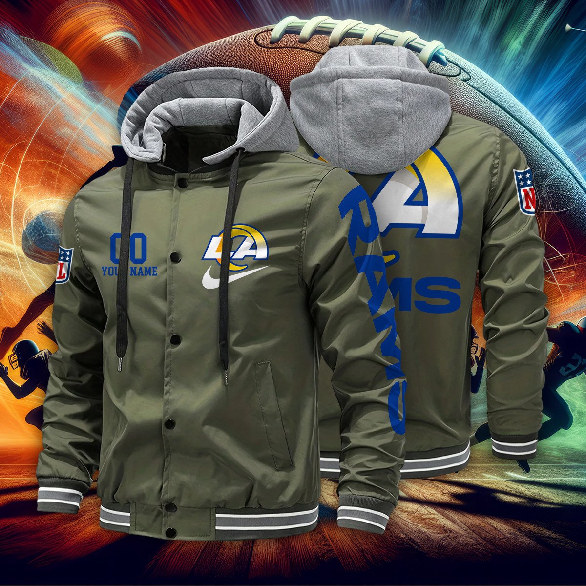 Los Angeles Rams Personalized Baseball Jacket With Detachable Hood AZBTHBJK000037