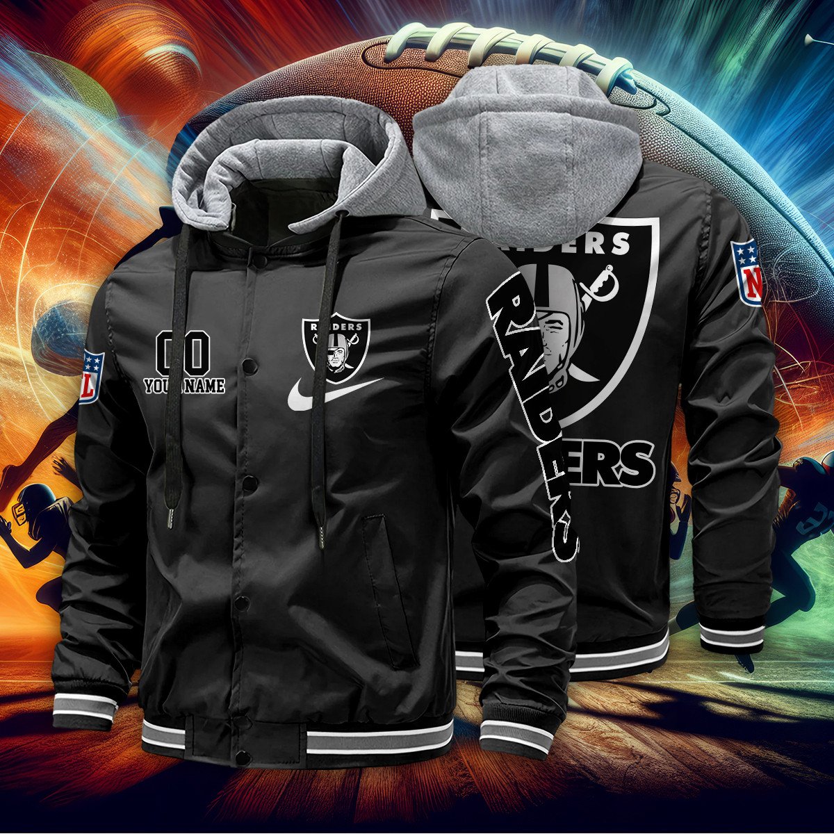 Las Vegas Raiders Personalized Baseball Jacket With Detachable Hood AZBTHBJK000035