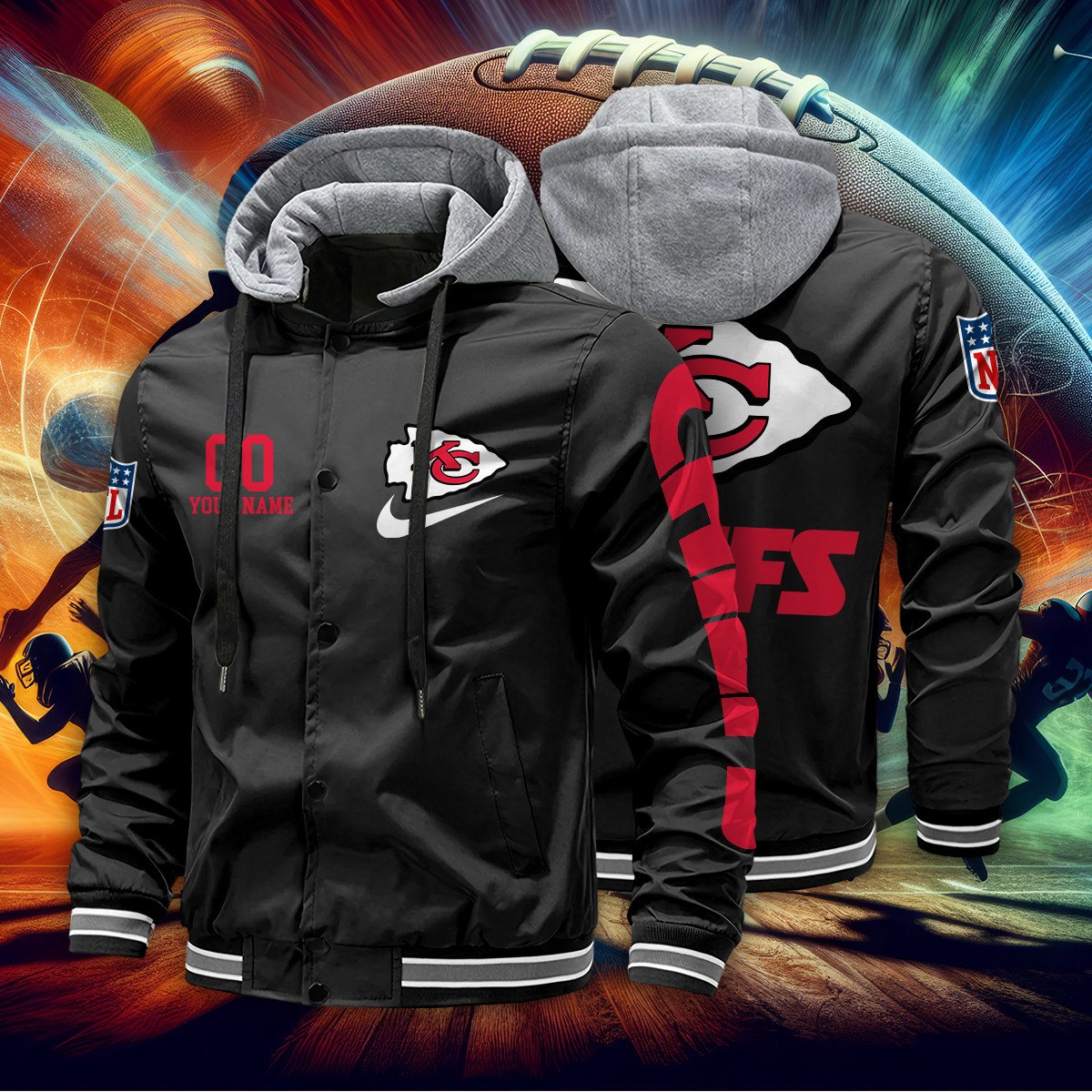 Kansas City Chiefs Personalized Baseball Jacket With Detachable Hood AZBTHBJK000034