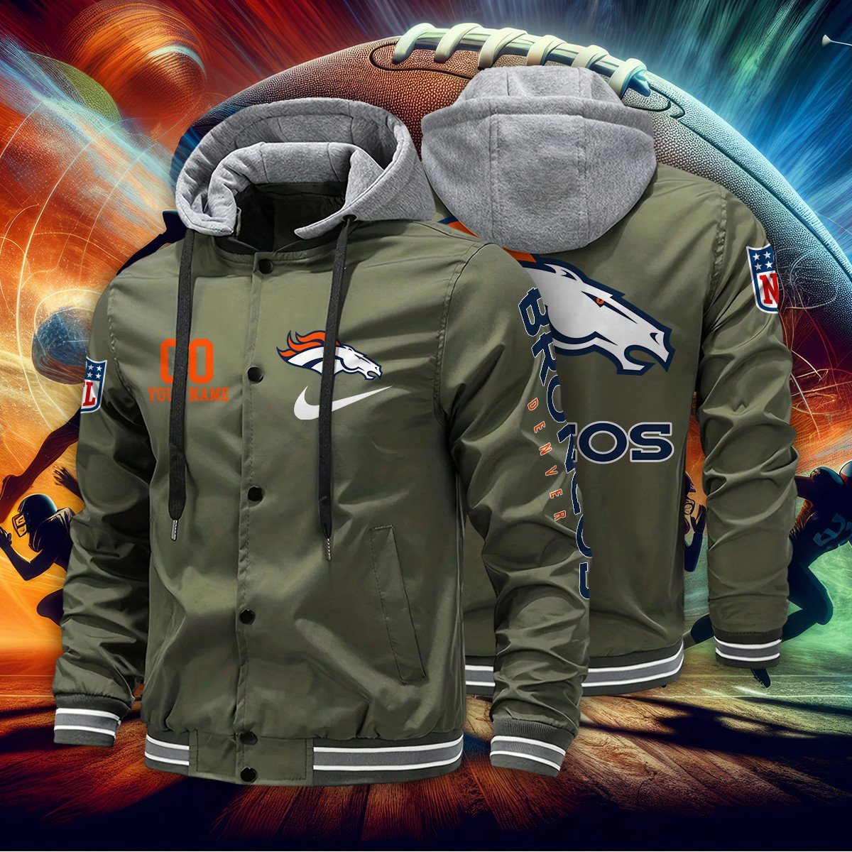 Denver Broncos Personalized Baseball Jacket With Detachable Hood AZBTHBJK000028