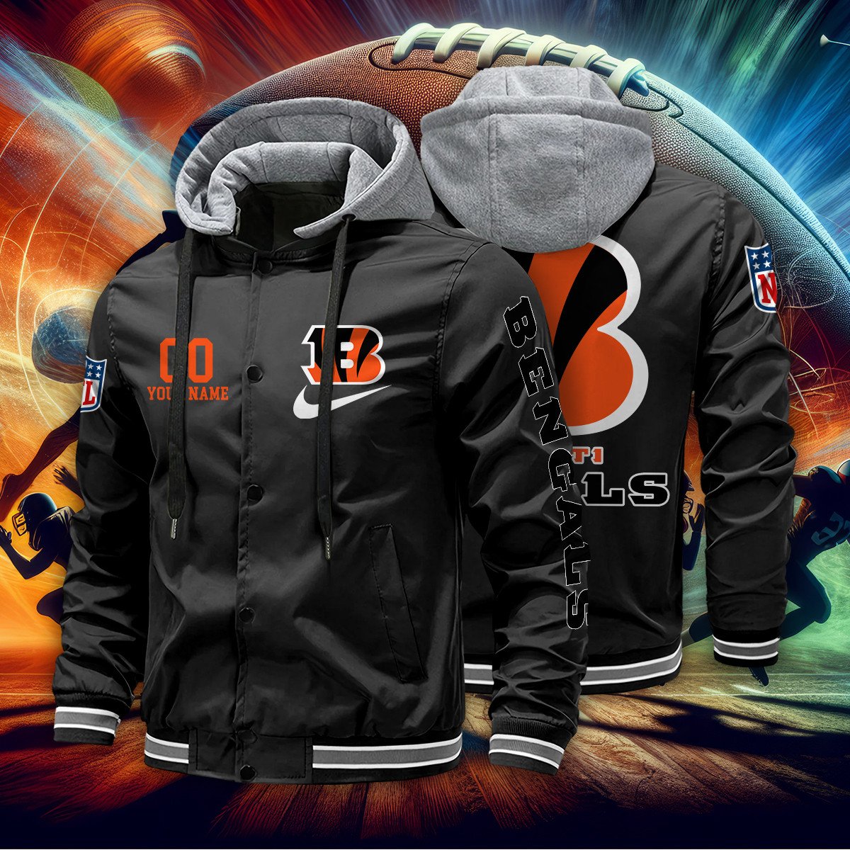 Cincinnati Bengals Personalized Baseball Jacket With Detachable Hood AZBTHBJK000025