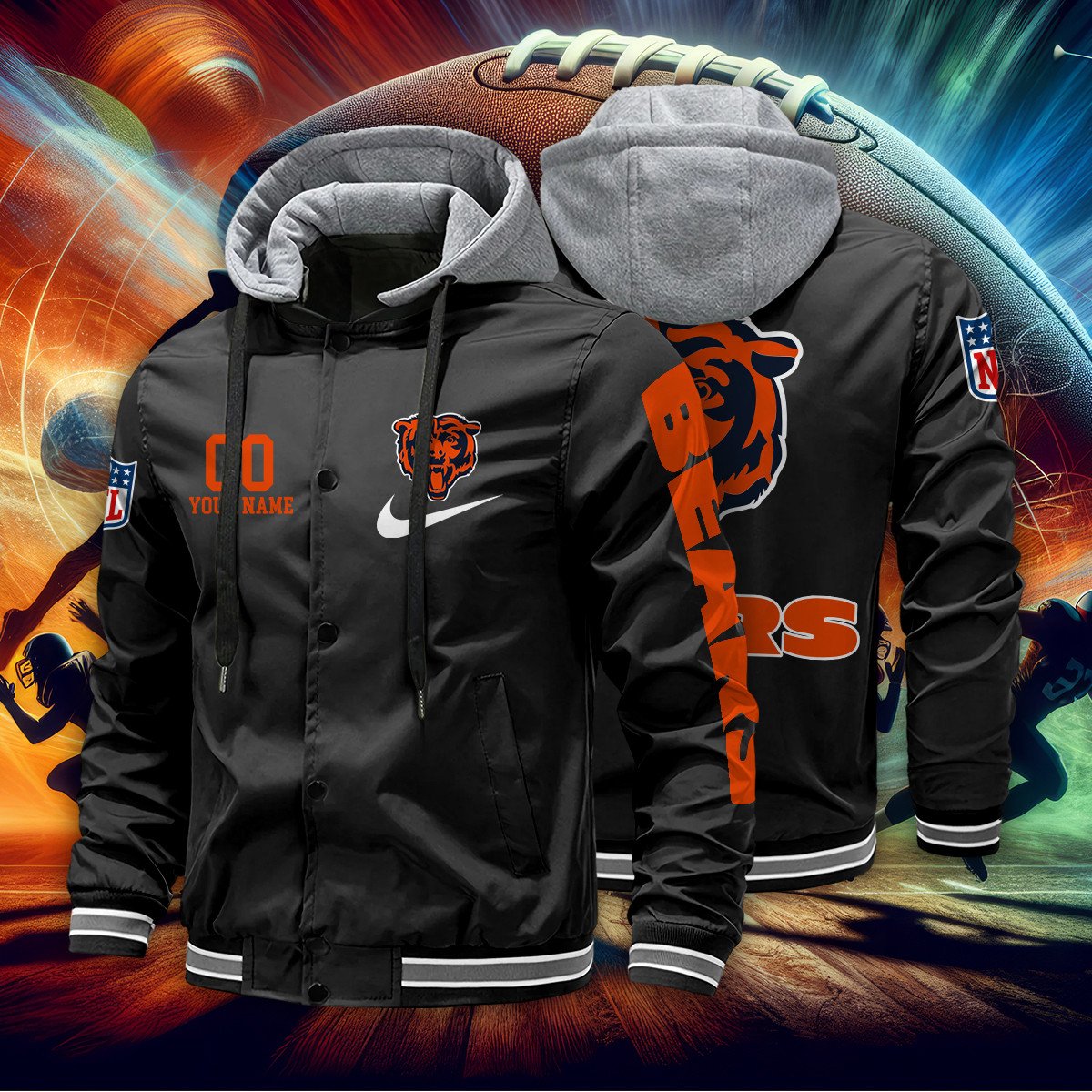 Chicago Bears Personalized Baseball Jacket With Detachable Hood AZBTHBJK000024