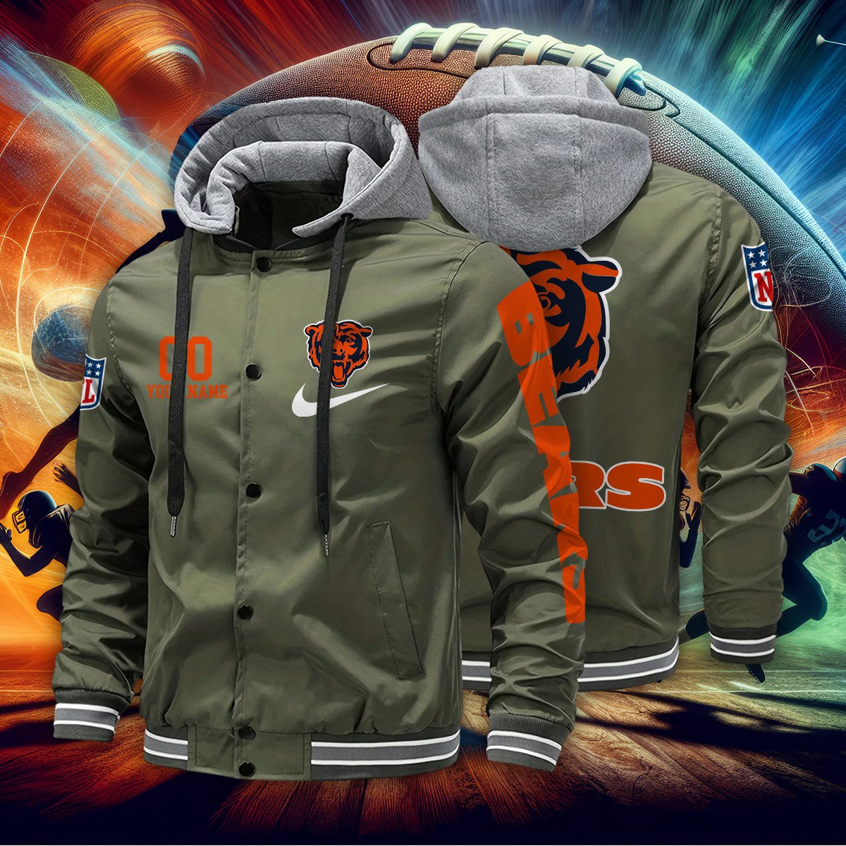Chicago Bears Personalized Baseball Jacket With Detachable Hood AZBTHBJK000024