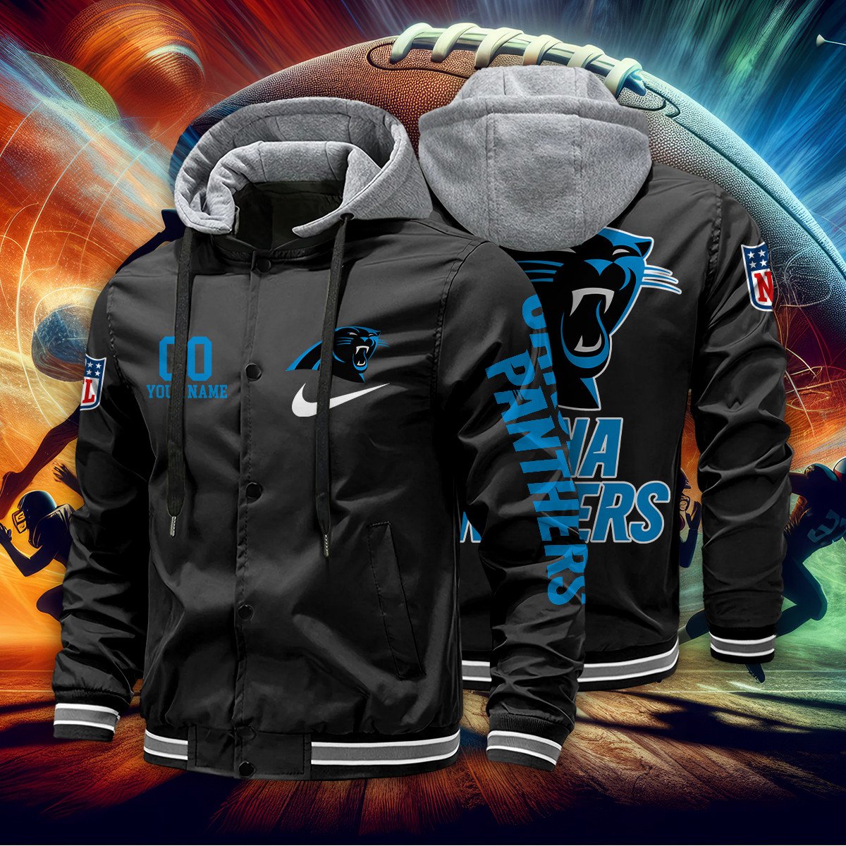 Carolina Panthers Personalized Baseball Jacket With Detachable Hood AZBTHBJK000023