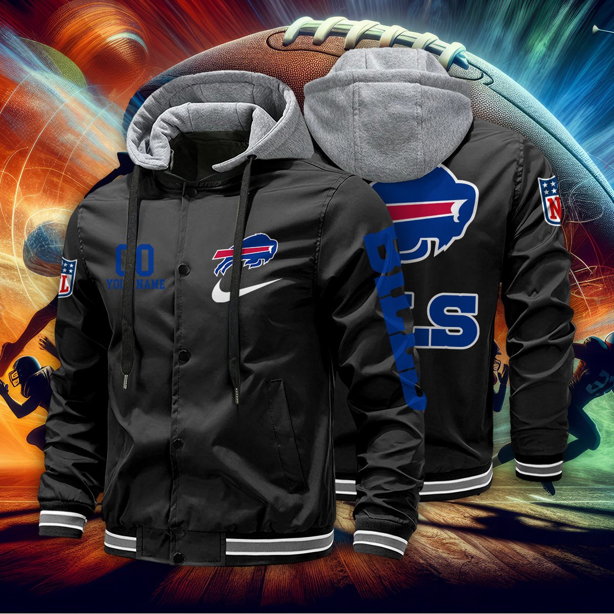 Buffalo Bills Personalized Baseball Jacket With Detachable Hood AZBTHBJK000022