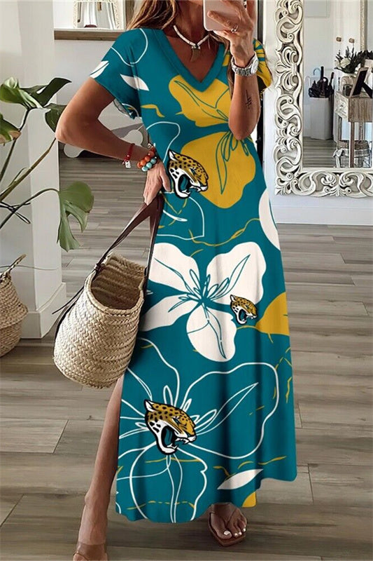 Jacksonville Jaguars V-Neck Side Slit Long Dress AZBTVSD000331
