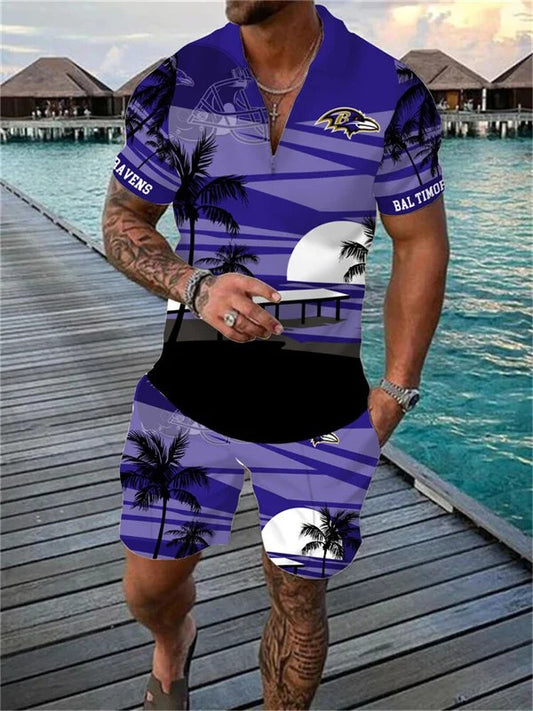 Baltimore Ravens Zip Polo Shirt And Shorts Men AZPLZ180