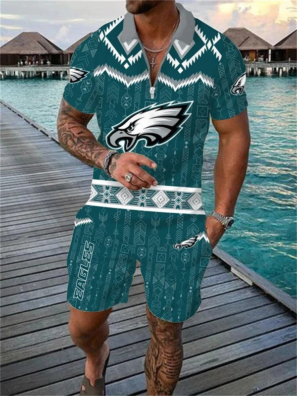 Philadelphia Eagles Zip Polo Shirt And Shorts Men AZPLZ100