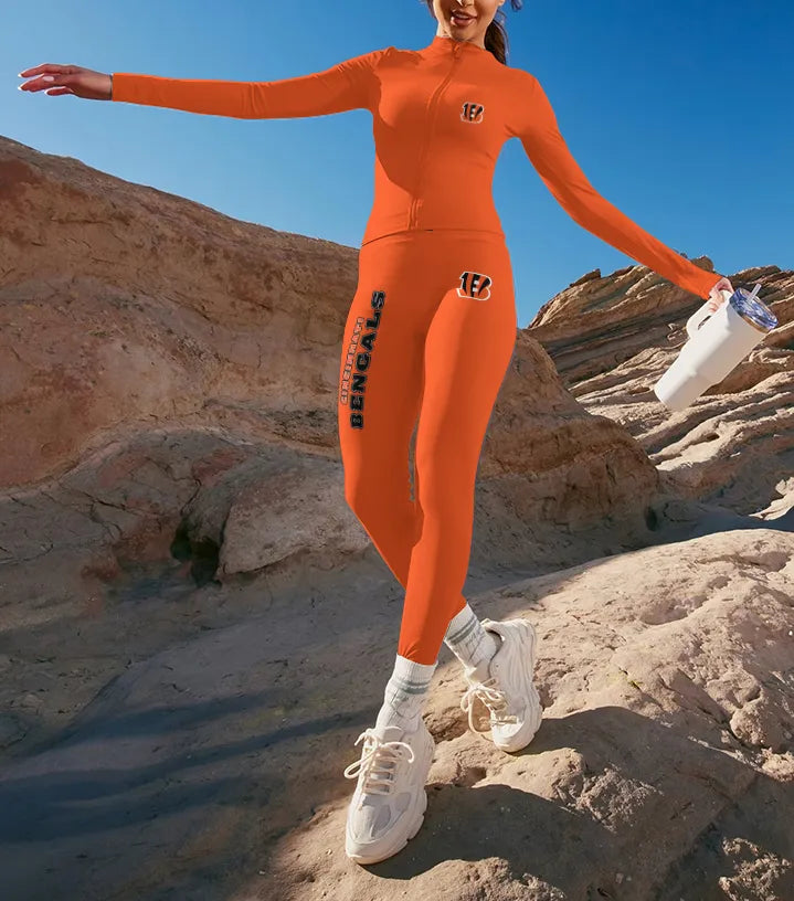 Cincinnati Bengals  2 Piece Workout  Sets :Sculpt High Waist Gym Leggings & long Sleeve Sports Top
