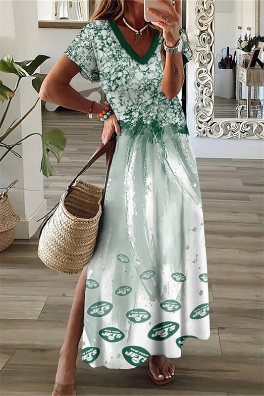 New York Jets V-Neck Side Slit Long Dress AZBTVSD000244
