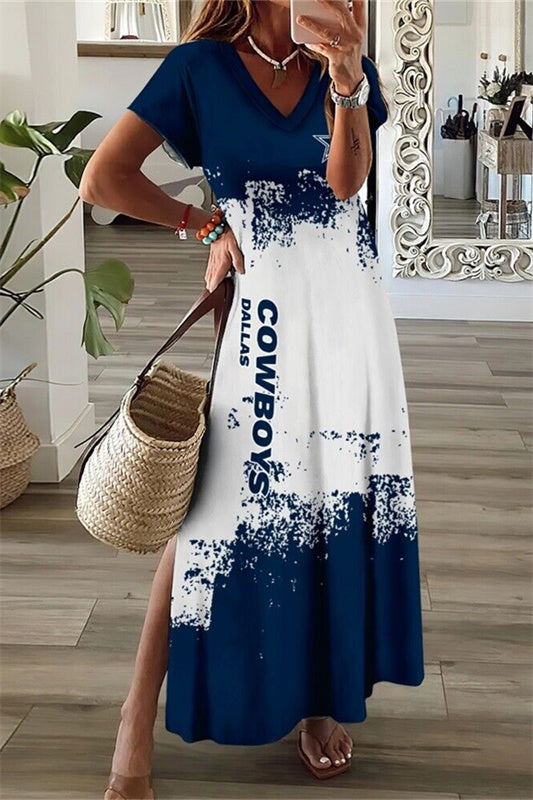 Dallas Cowboys V-Neck Side Slit Long Dress AZBTVSD000252