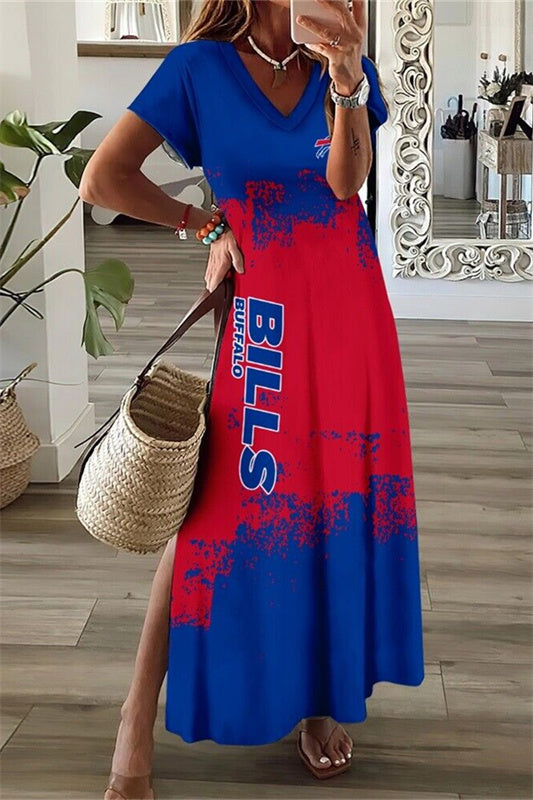 Buffalo Bills V-Neck Side Slit Long Dress AZBTVSD000273