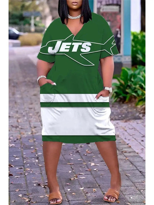 New York Jets V-neck Casual Pocket Dress Limited Edition AZBTVCPD000190