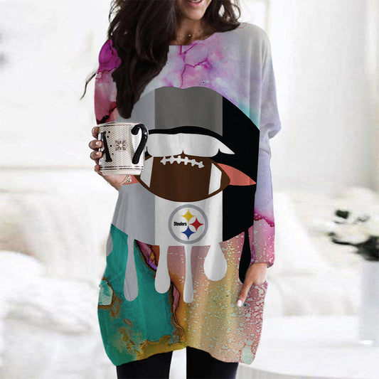 Pittsburgh Steelers Casual Long Sleeve Pocket Dress AZBTLSPD000043