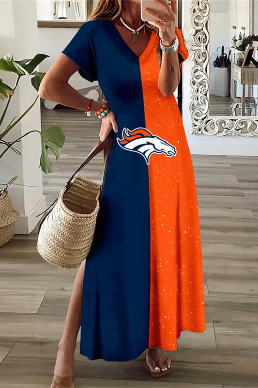Denver Broncos V-Neck Side Slit Long Dress AZBTVSD000424