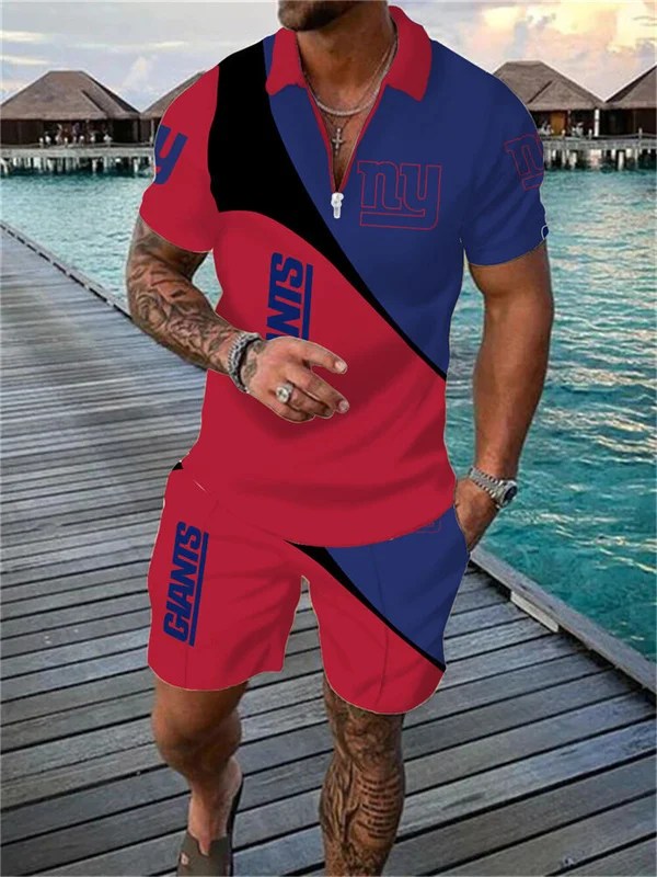 New York Giants Zip Polo Shirt And Shorts Men AZPLZ055