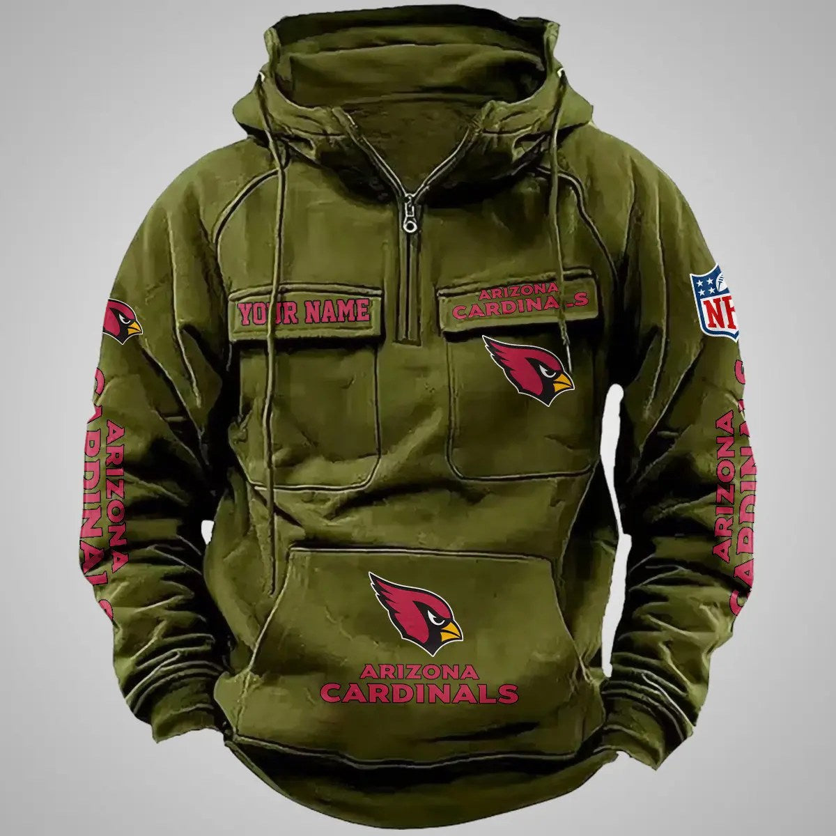 Arizona Cardinals New Personalized Multi-Pockets Zip Hoodie AZBTMZHD000091