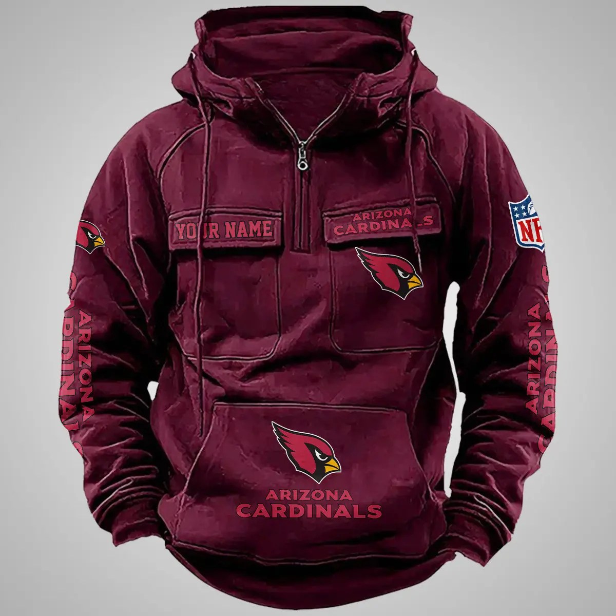 Arizona Cardinals New Personalized Multi-Pockets Zip Hoodie AZBTMZHD000091