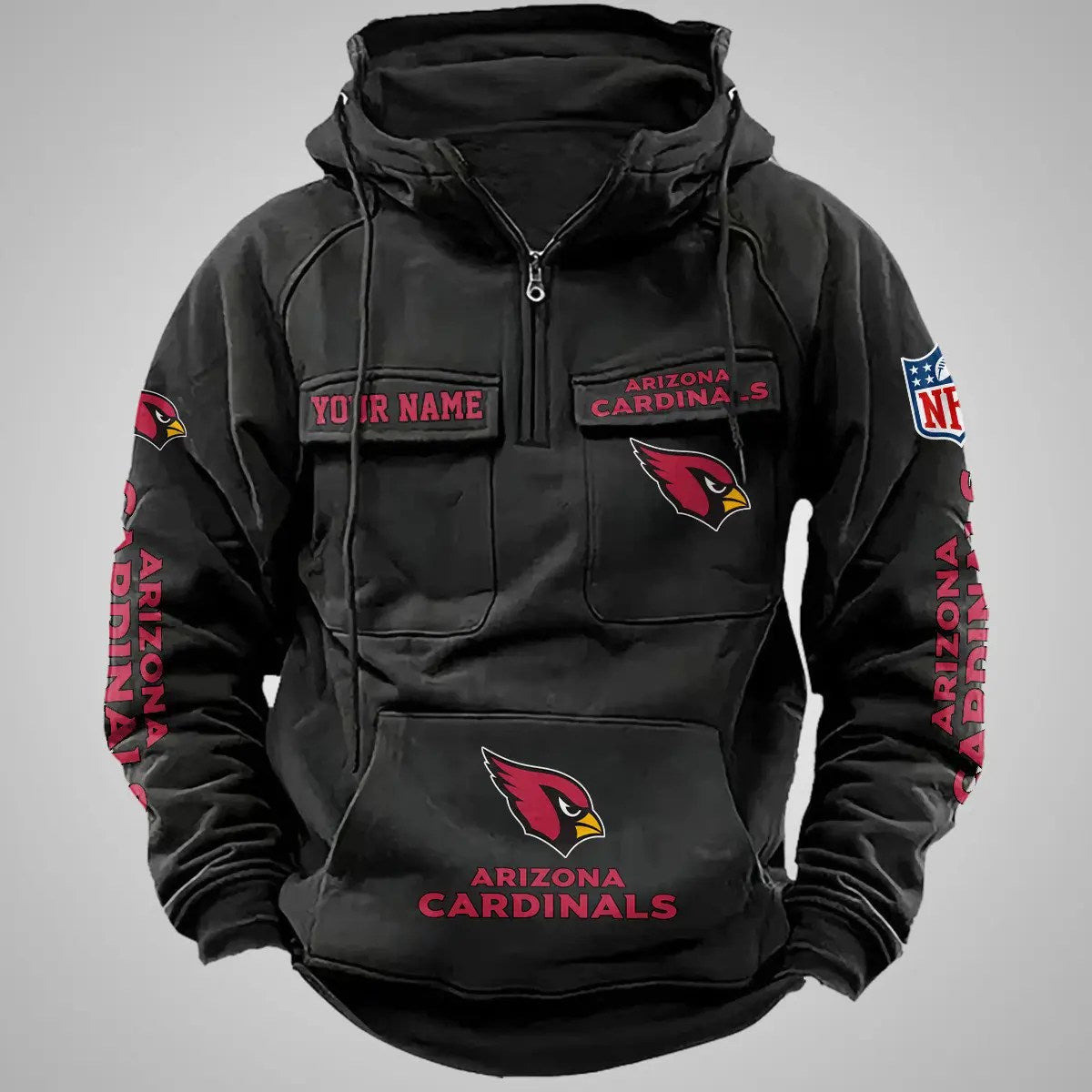 Arizona Cardinals New Personalized Multi-Pockets Zip Hoodie AZBTMZHD000091