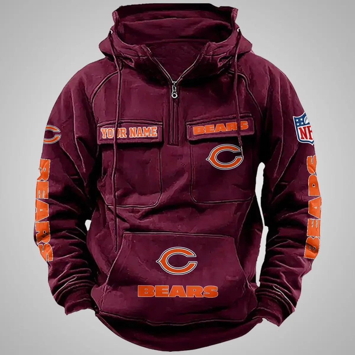 Chicago Bears New Personalized Multi-Pockets Zip Hoodie AZBTMZHD000093