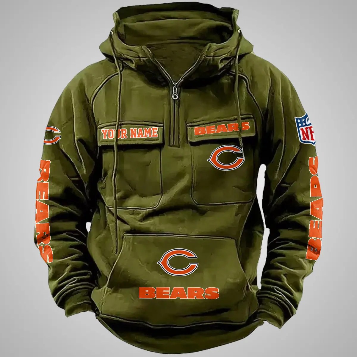 Chicago Bears New Personalized Multi-Pockets Zip Hoodie AZBTMZHD000093