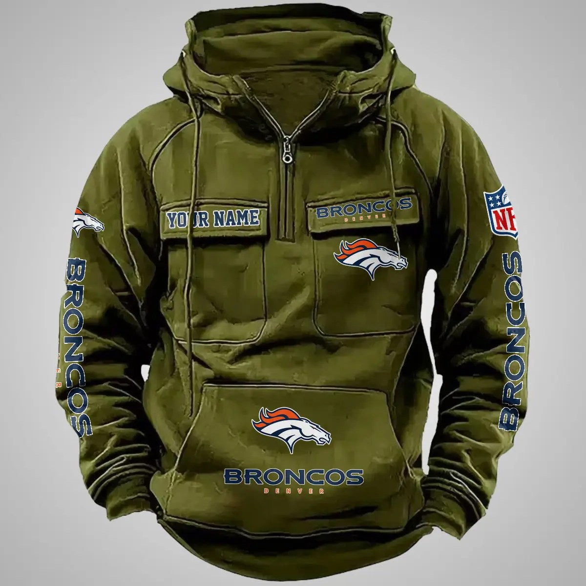 Denver Broncos New Personalized Multi-Pockets Zip Hoodie AZBTMZHD000096