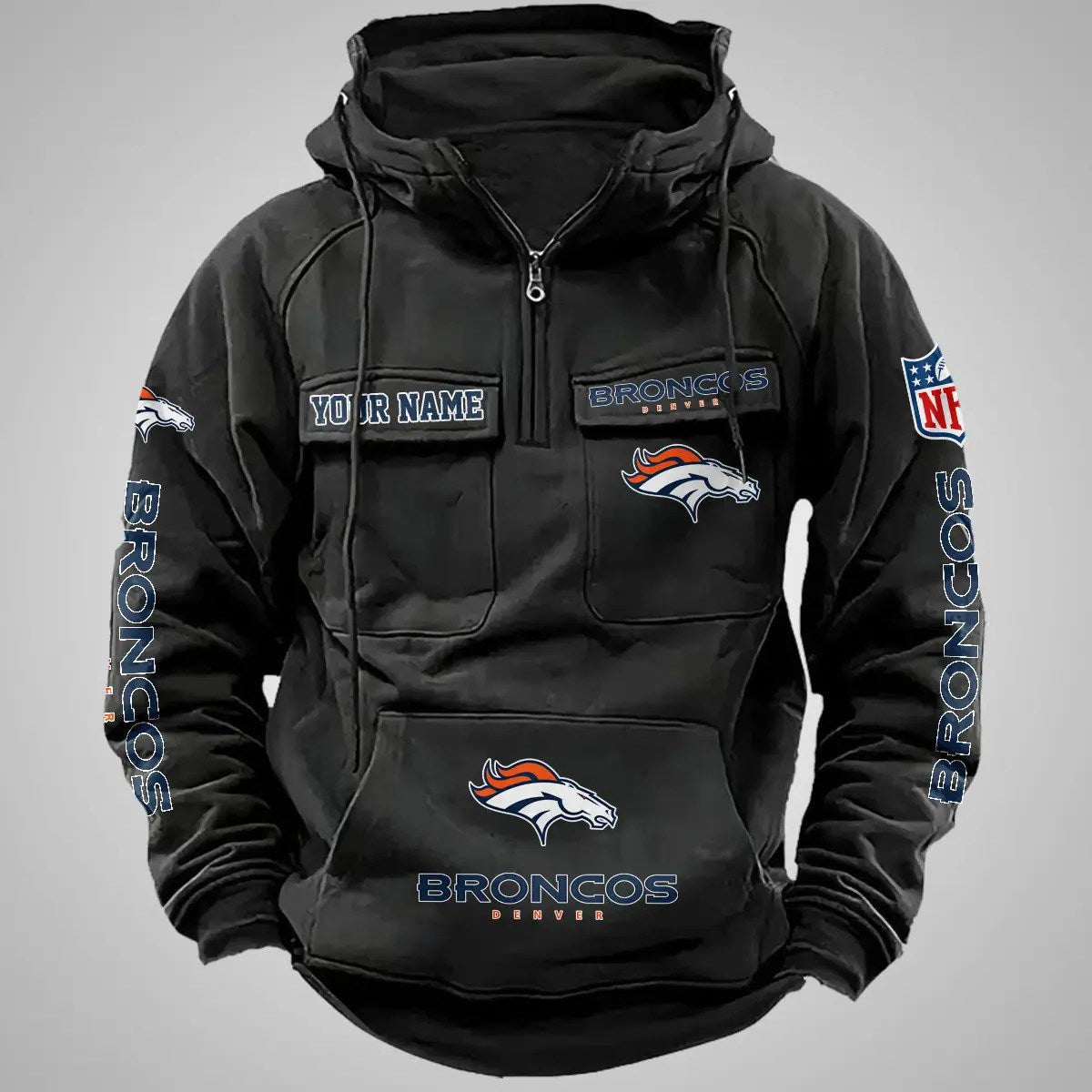 Denver Broncos New Personalized Multi-Pockets Zip Hoodie AZBTMZHD000096