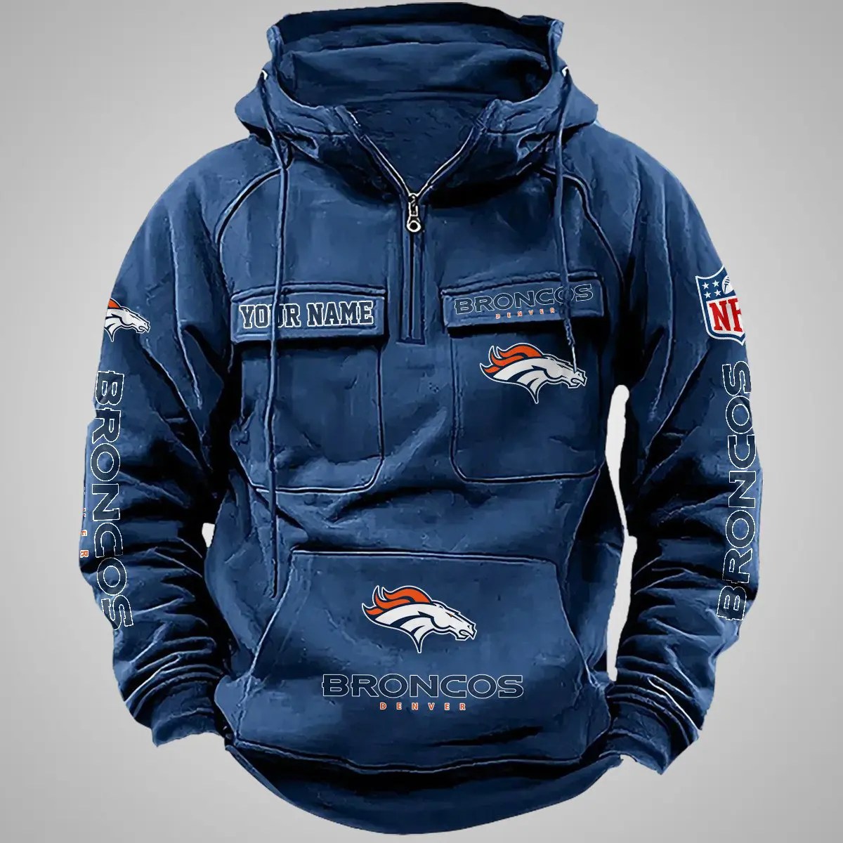 Denver Broncos New Personalized Multi-Pockets Zip Hoodie AZBTMZHD000096