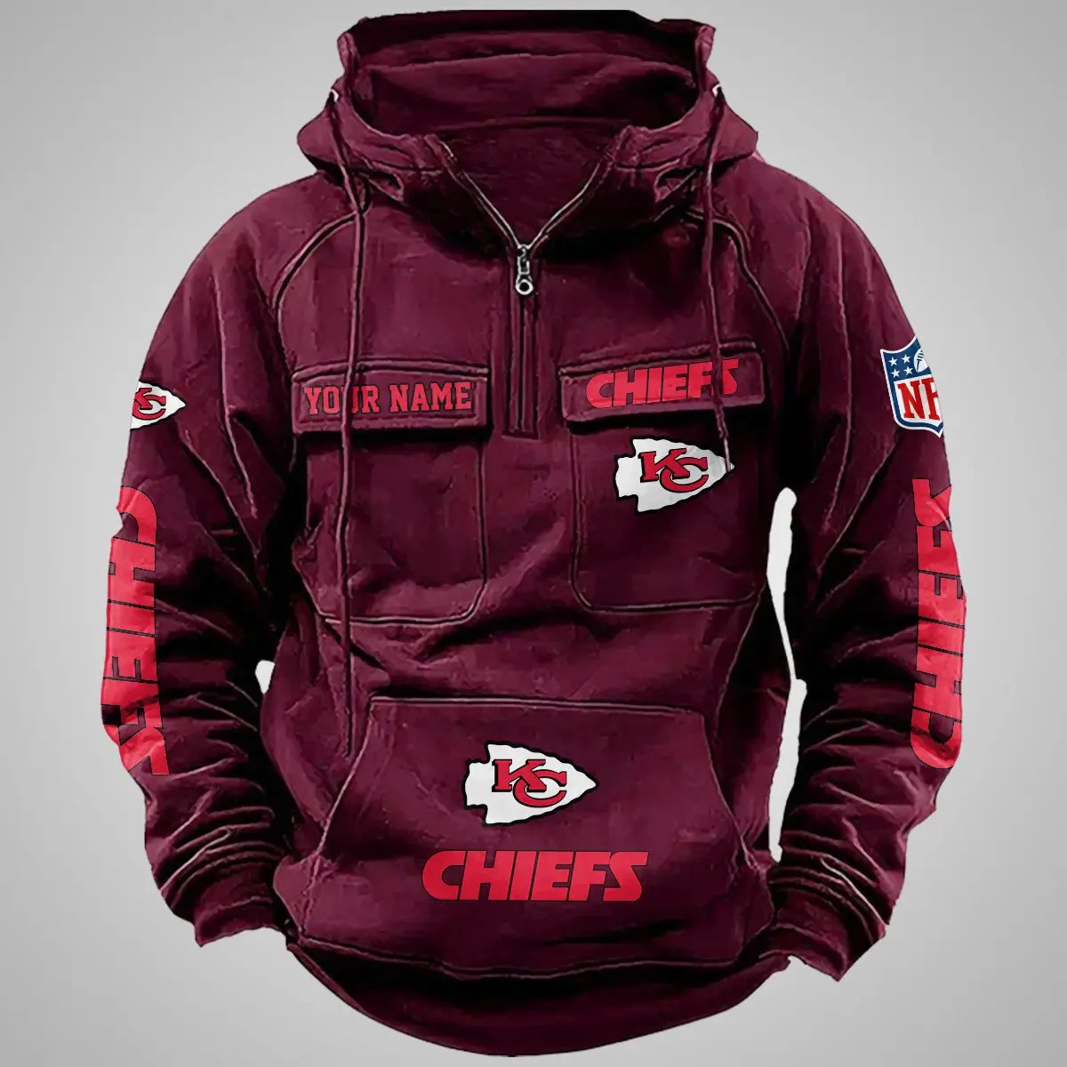 Kansas City Chiefs New Personalized Multi-Pockets Zip Hoodie AZBTMZHD000098