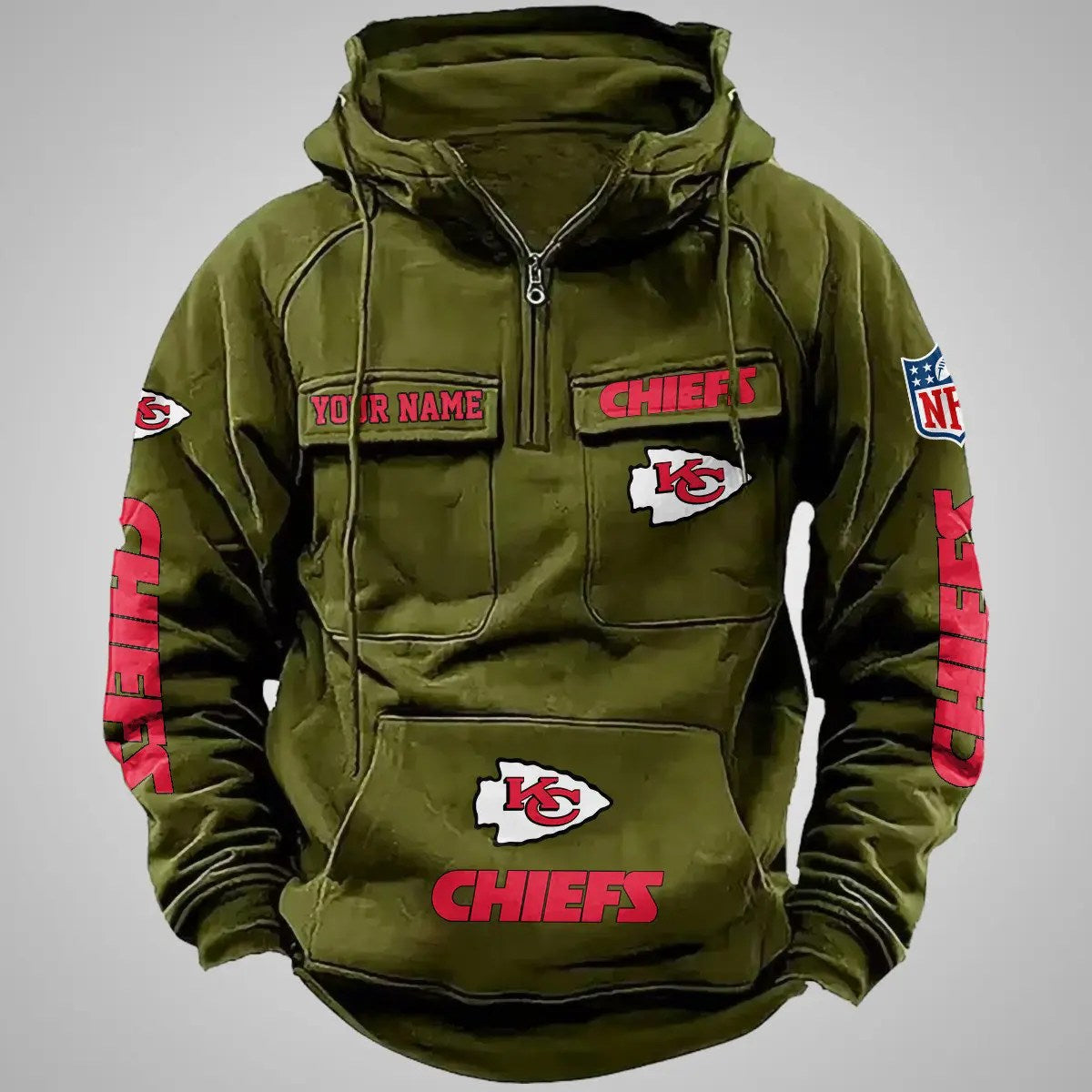 Kansas City Chiefs New Personalized Multi-Pockets Zip Hoodie AZBTMZHD000098