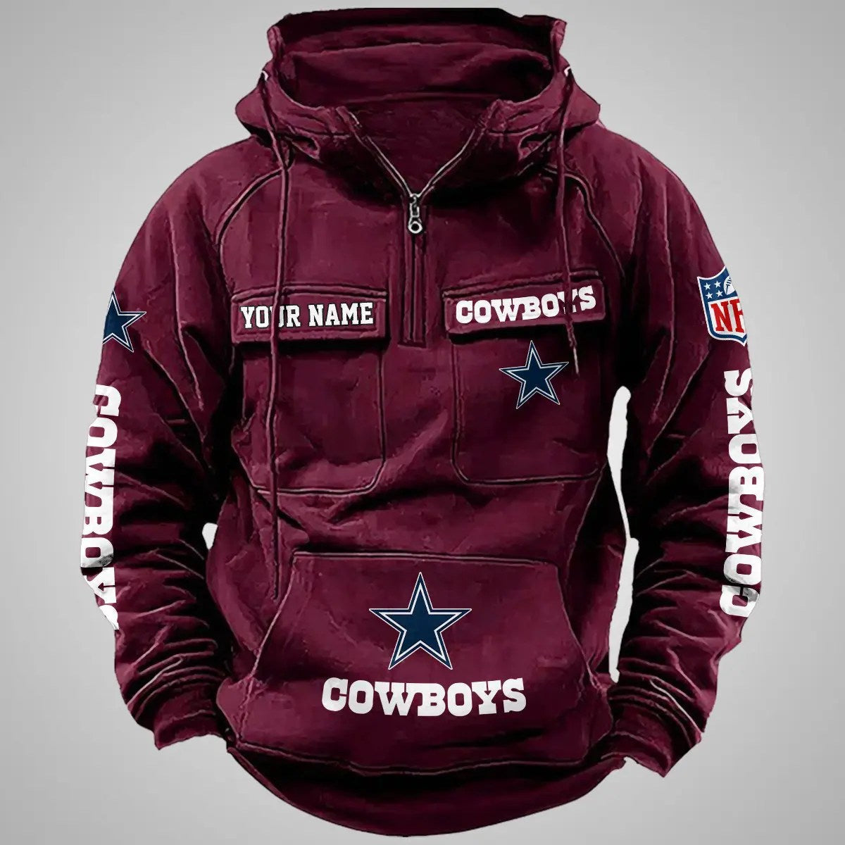 Dallas Cowboys New Personalized Multi-Pockets Zip Hoodie AZBTMZHD000099