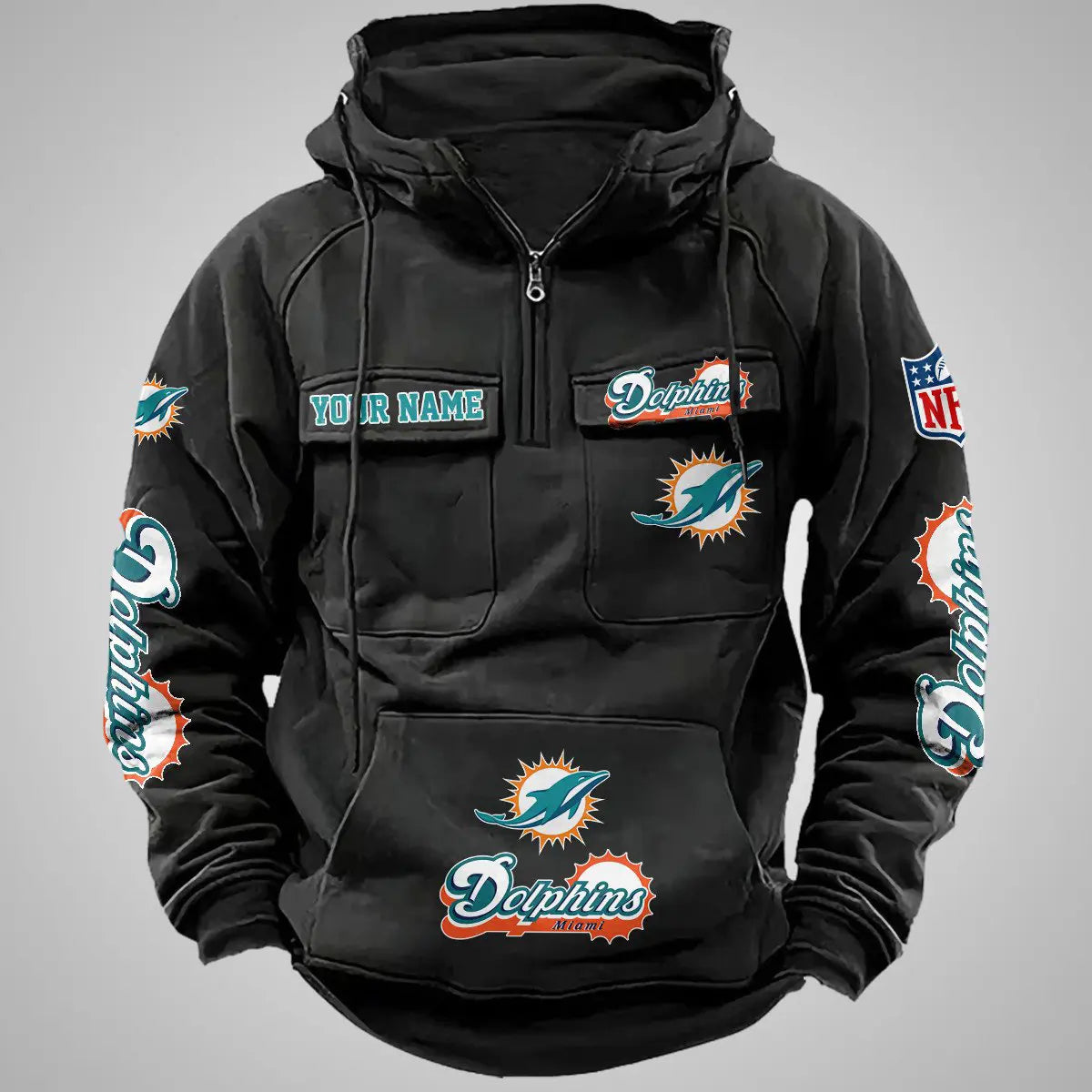 Miami Dolphins New Personalized Multi-Pockets Zip Hoodie AZBTMZHD000100