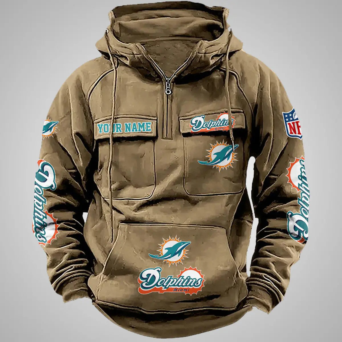 Miami Dolphins New Personalized Multi-Pockets Zip Hoodie AZBTMZHD000100