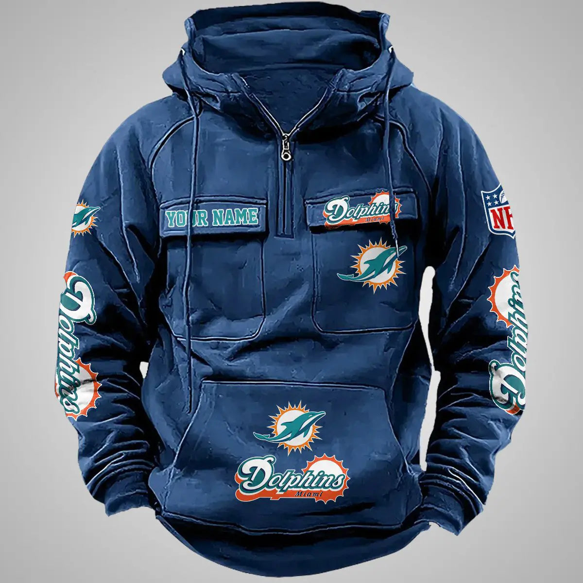 Miami Dolphins New Personalized Multi-Pockets Zip Hoodie AZBTMZHD000100