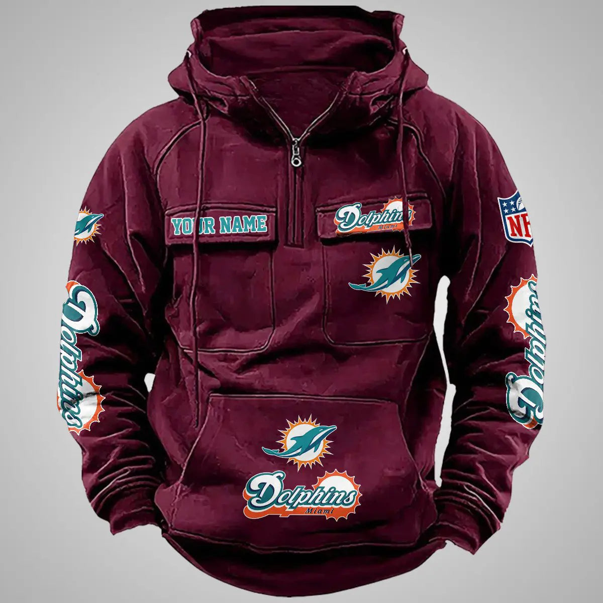 Miami Dolphins New Personalized Multi-Pockets Zip Hoodie AZBTMZHD000100
