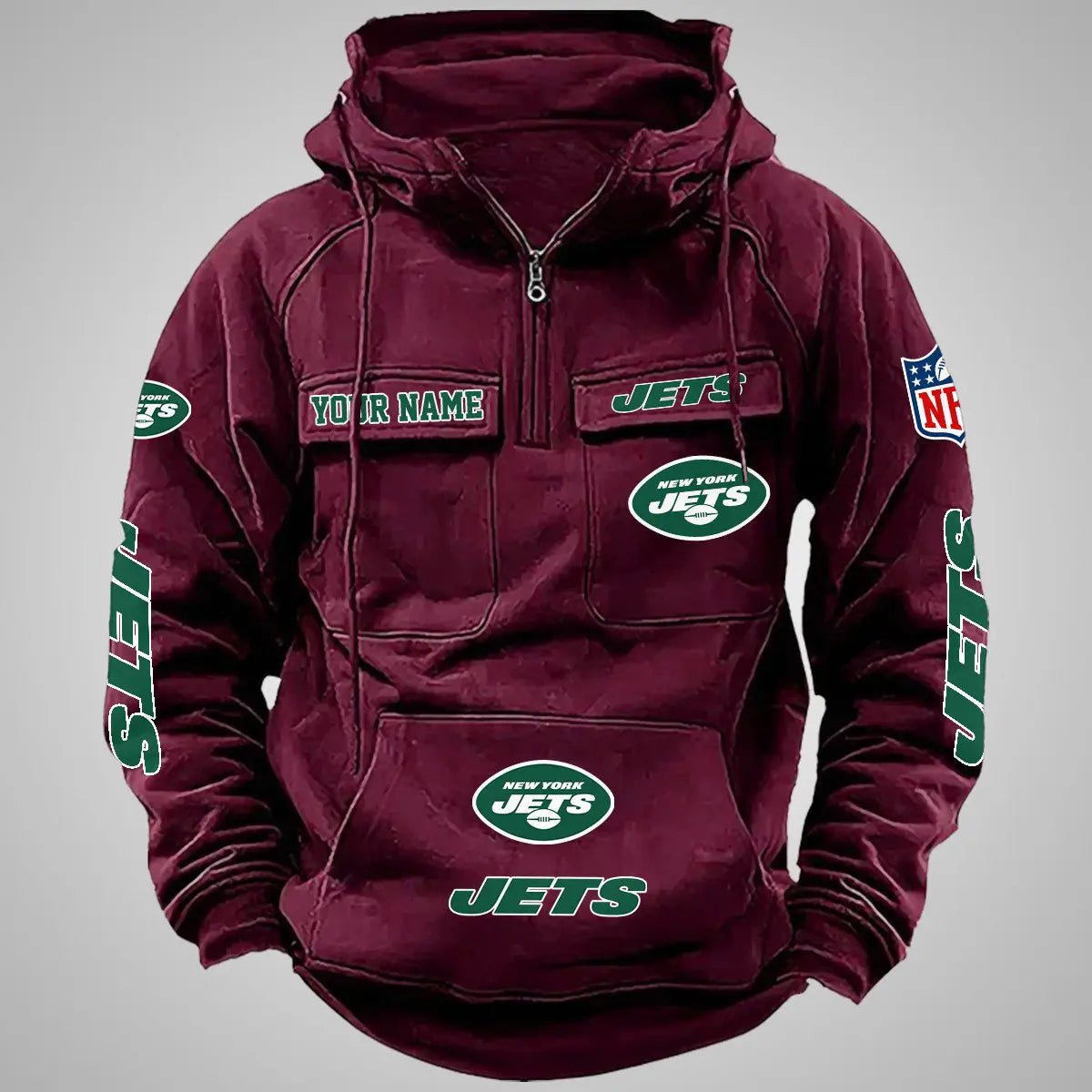 New York Jets New Personalized Multi-Pockets Zip Hoodie AZBTMZHD000101
