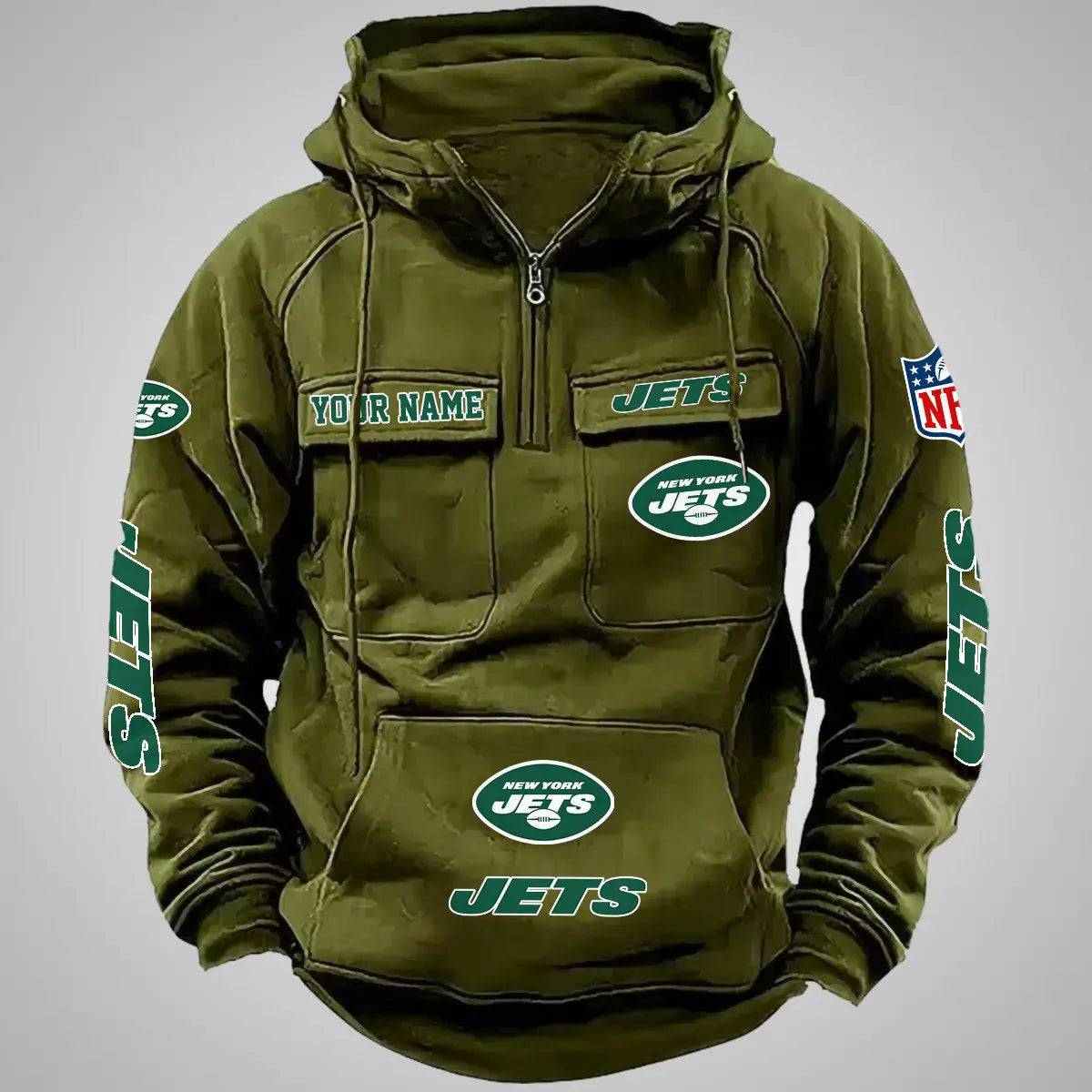 New York Jets New Personalized Multi-Pockets Zip Hoodie AZBTMZHD000101