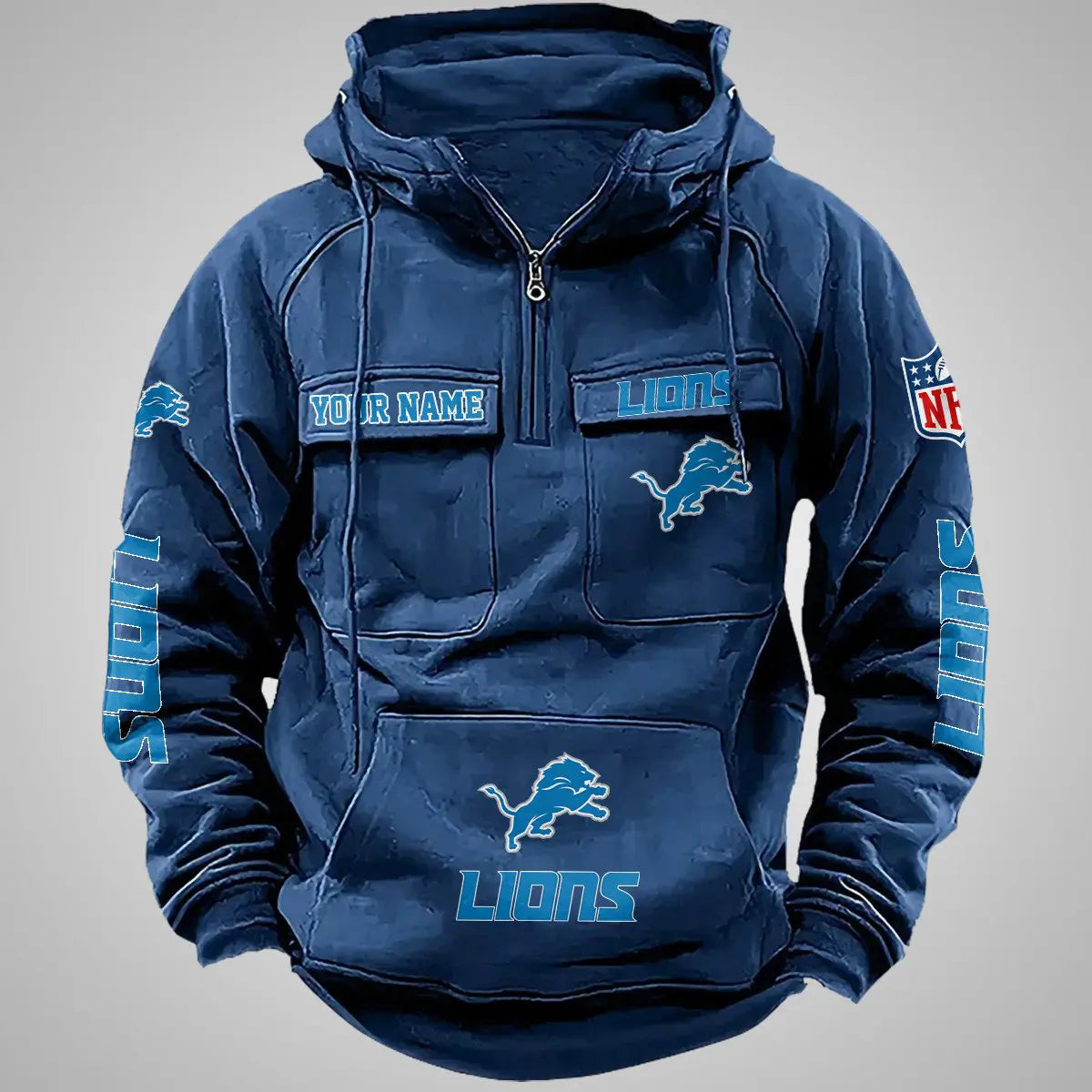 Detroit Lions New Personalized Multi-Pockets Zip Hoodie AZBTMZHD000102