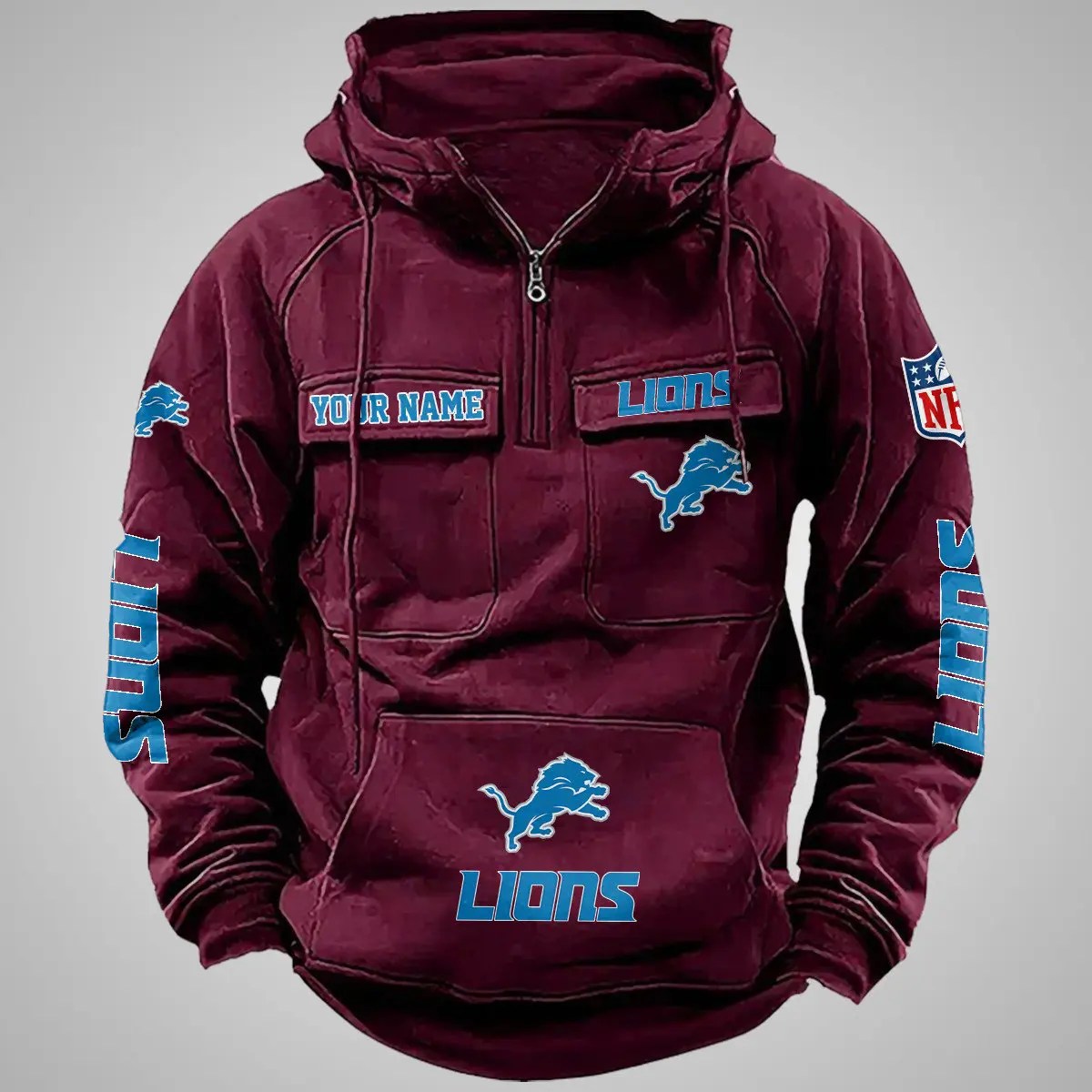 Detroit Lions New Personalized Multi-Pockets Zip Hoodie AZBTMZHD000102
