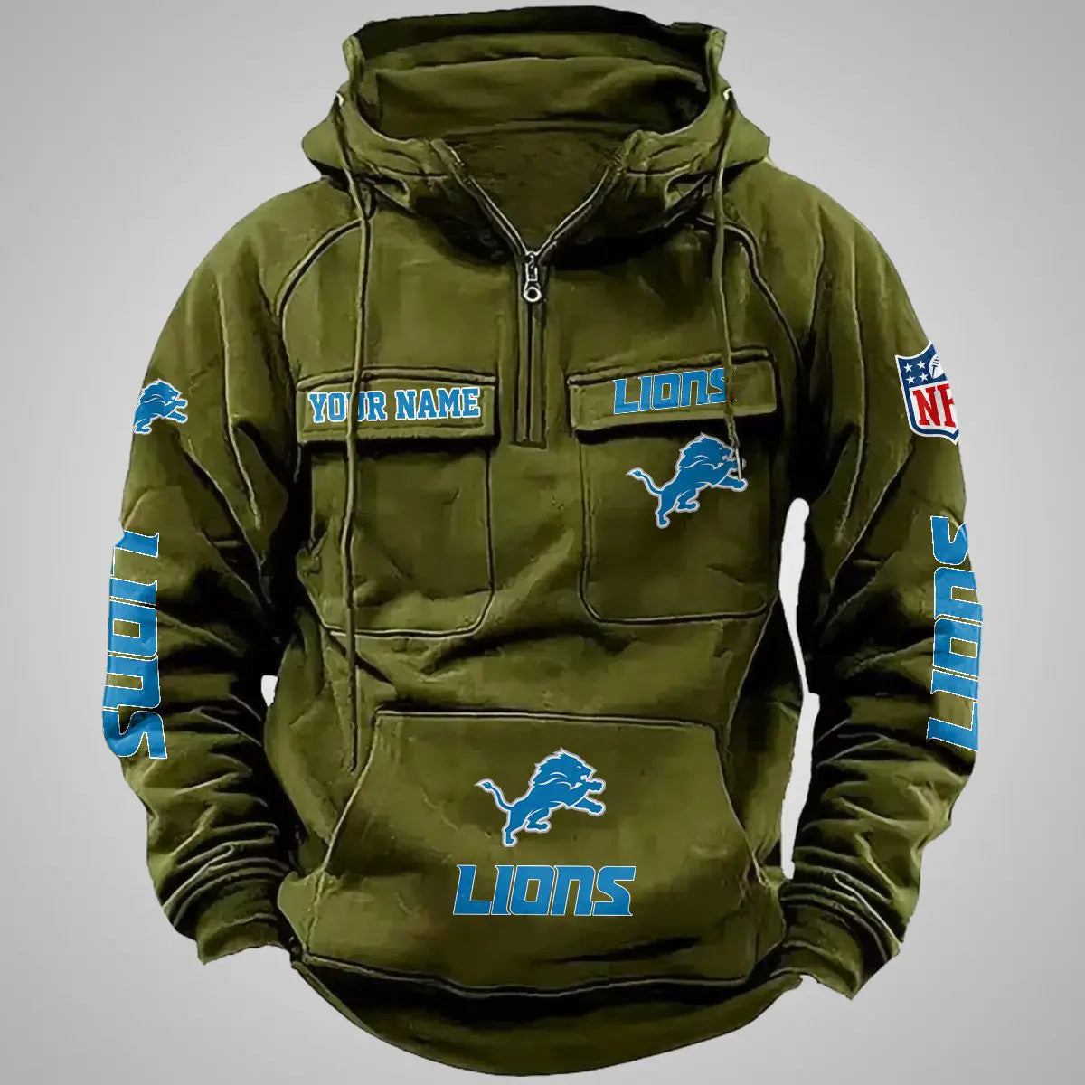 Detroit Lions New Personalized Multi-Pockets Zip Hoodie AZBTMZHD000102