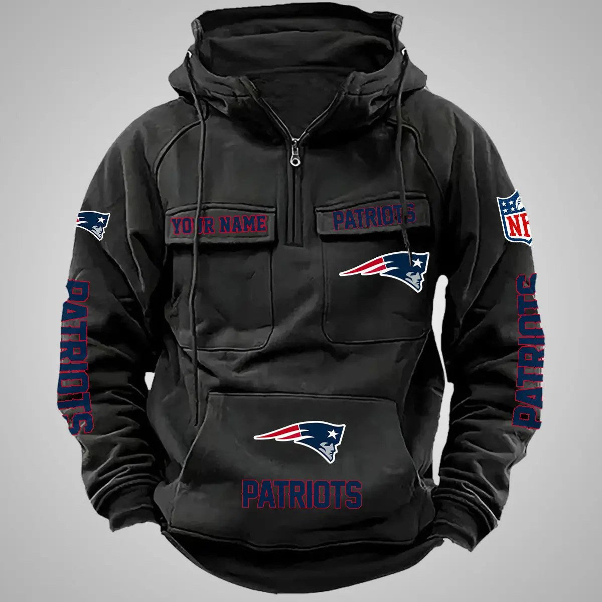 New England Patriots New Personalized Multi-Pockets Zip Hoodie AZBTMZHD000086