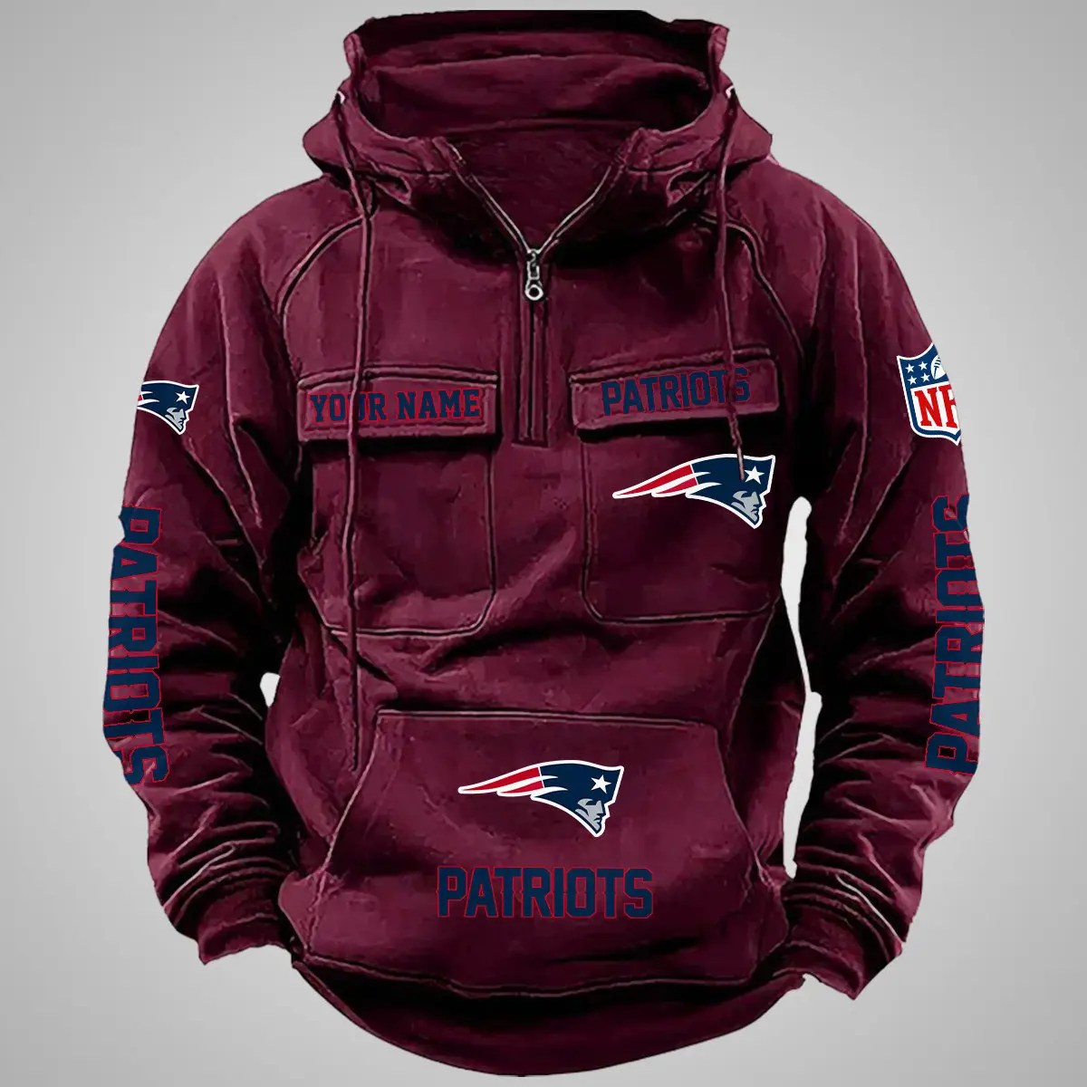 New England Patriots New Personalized Multi-Pockets Zip Hoodie AZBTMZHD000086