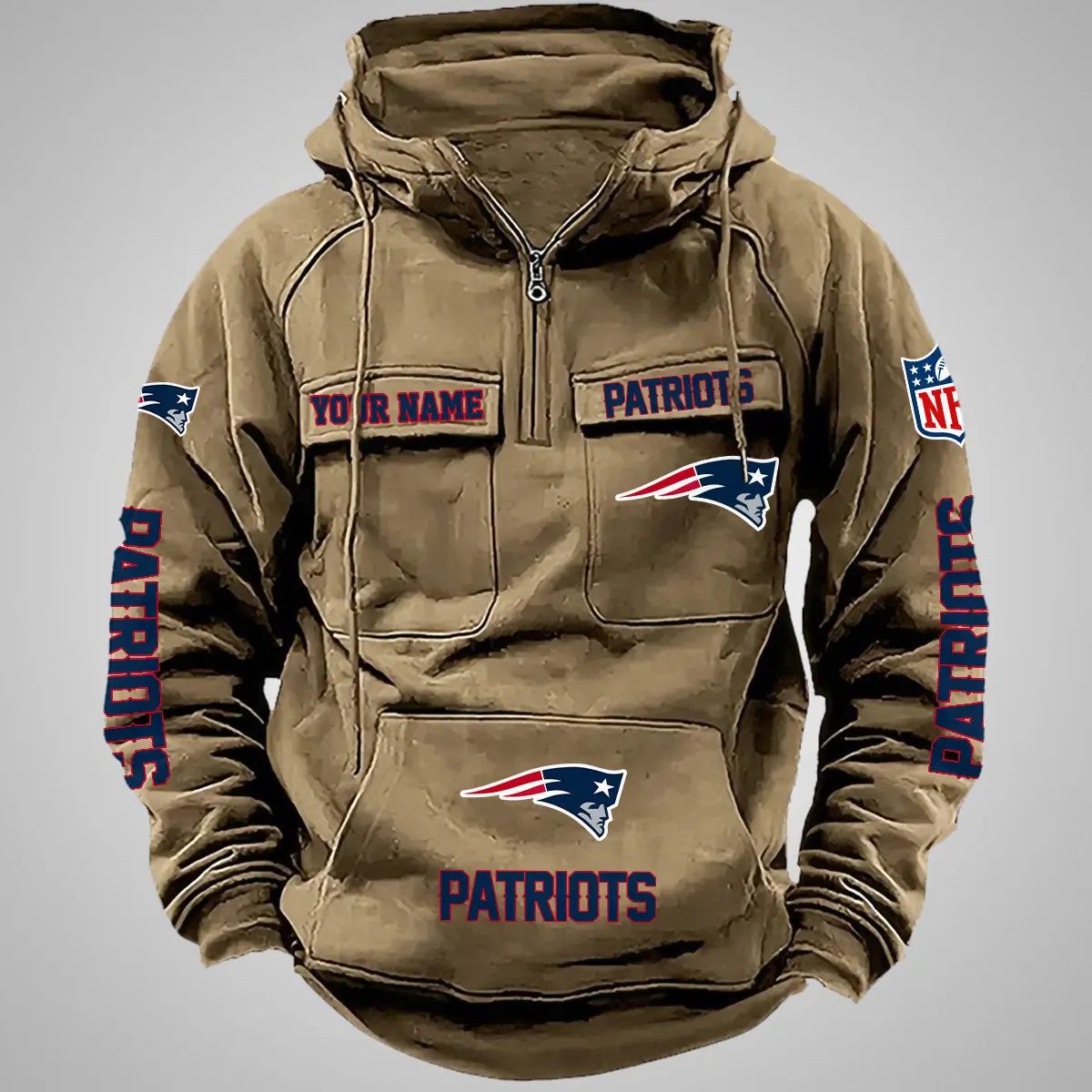 New England Patriots New Personalized Multi-Pockets Zip Hoodie AZBTMZHD000086