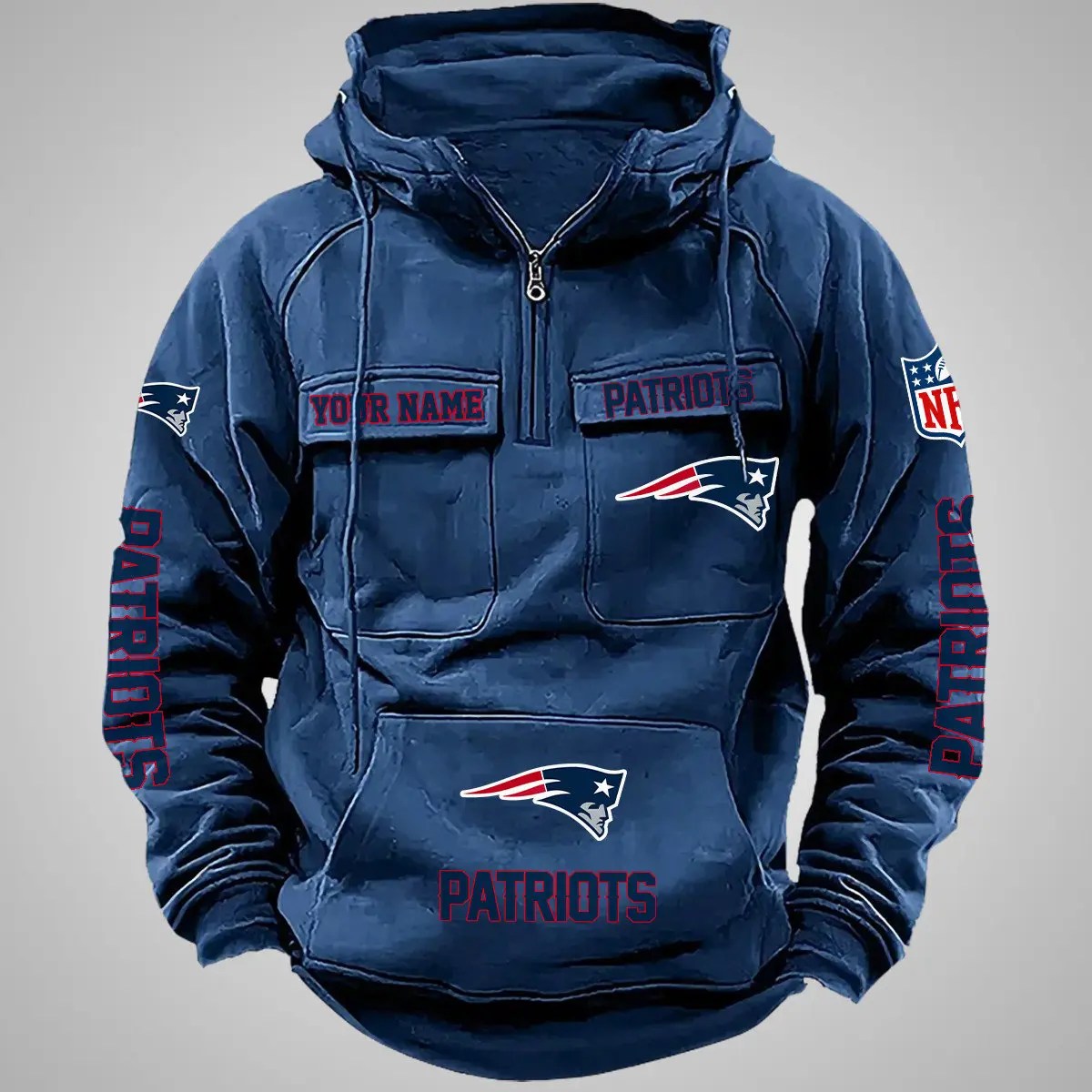 New England Patriots New Personalized Multi-Pockets Zip Hoodie AZBTMZHD000086
