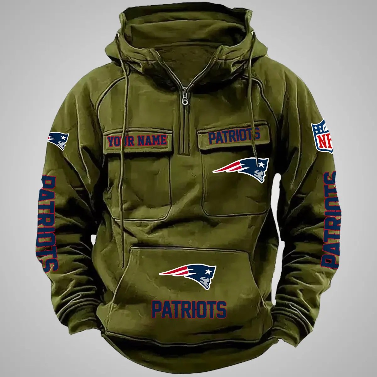 New England Patriots New Personalized Multi-Pockets Zip Hoodie AZBTMZHD000086