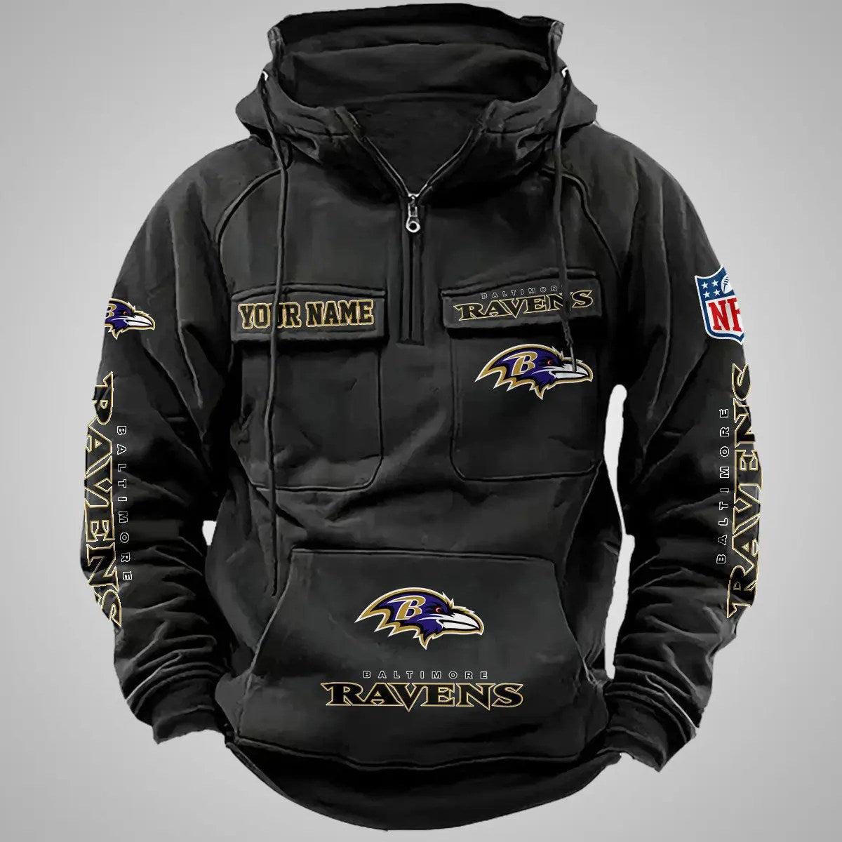 Baltimore Ravens New Personalized Multi-Pockets Zip Hoodie AZBTMZHD000088