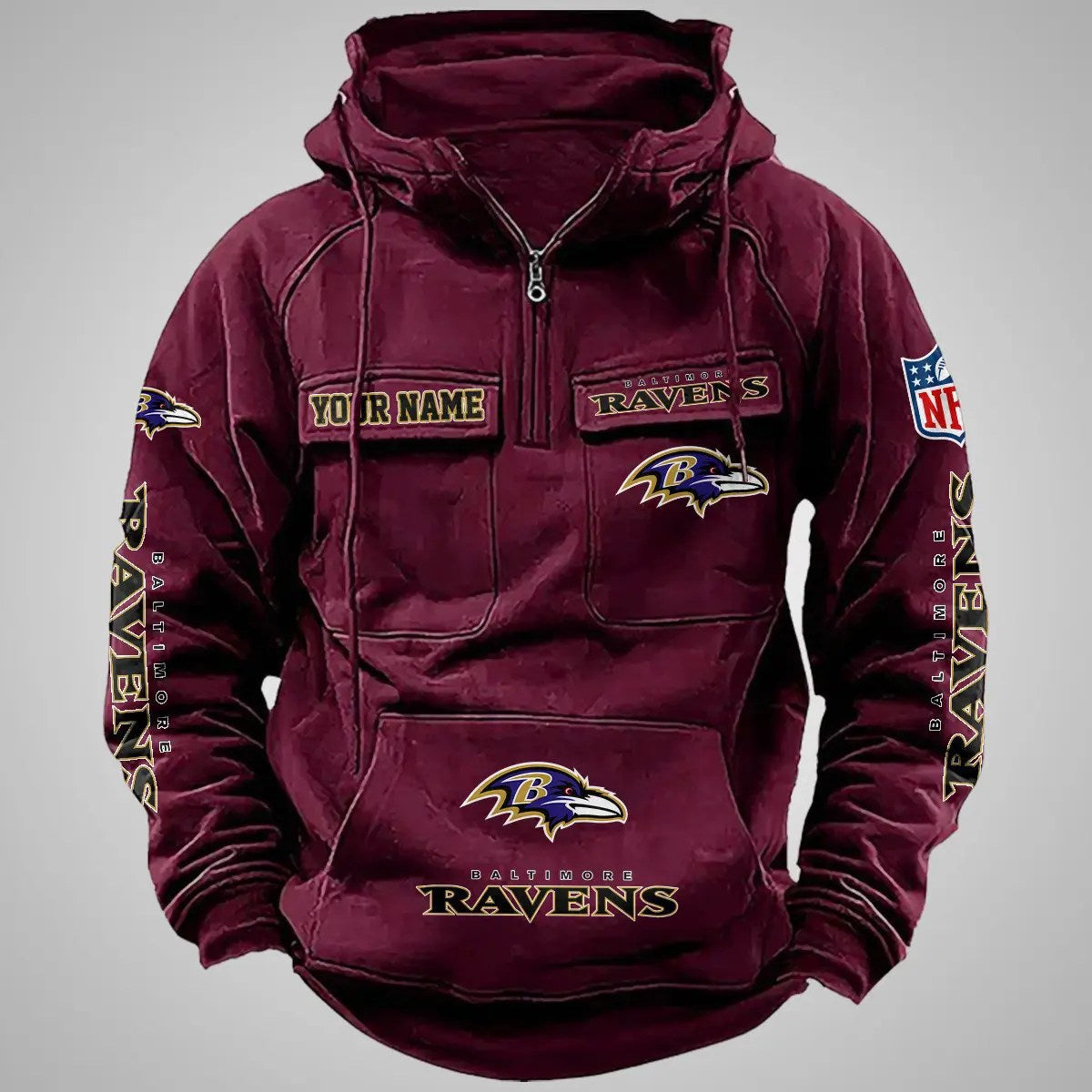 Baltimore Ravens New Personalized Multi-Pockets Zip Hoodie AZBTMZHD000088