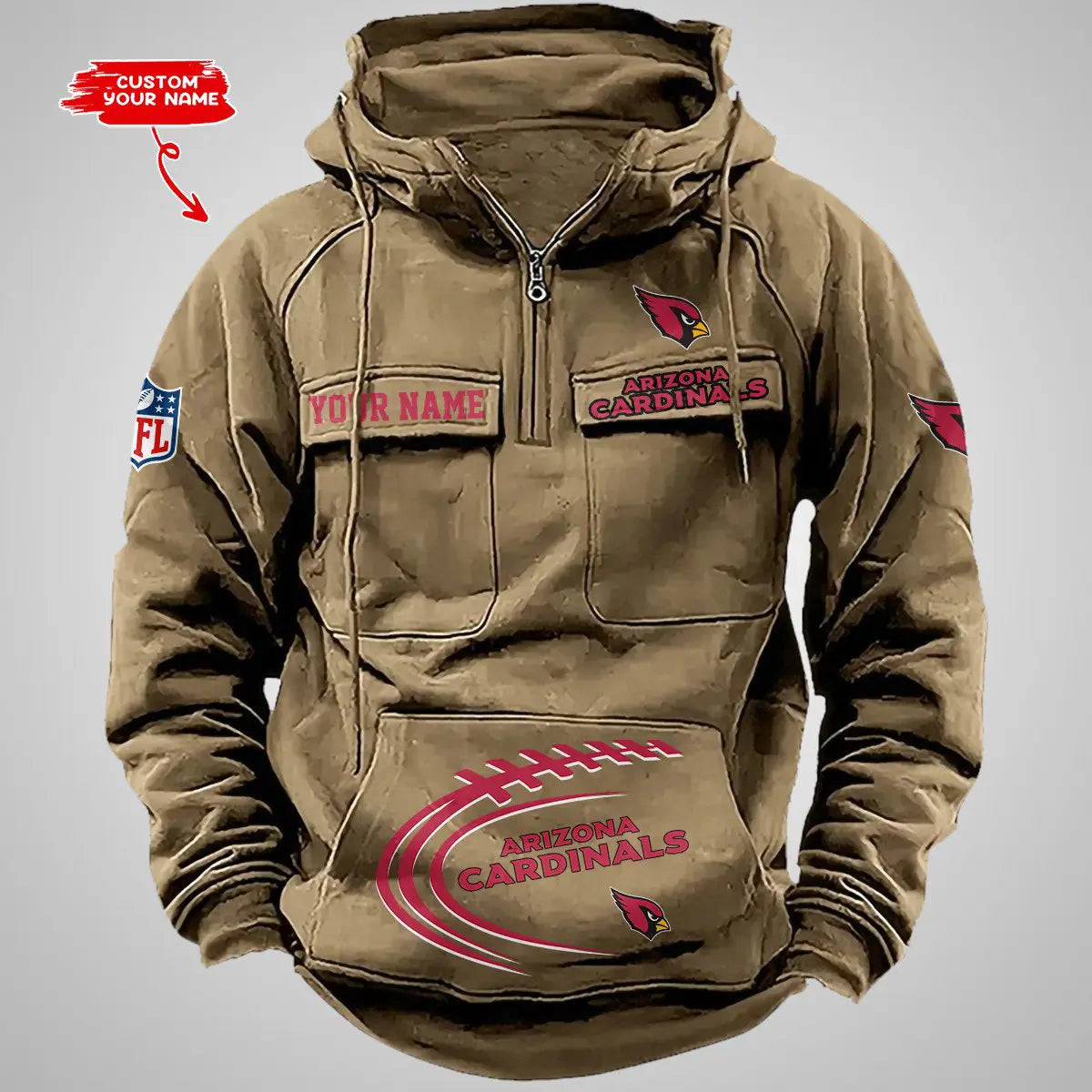 Arizona Cardinals New Personalized Multi-Pockets Zip Hoodie AZBTMZHD000075